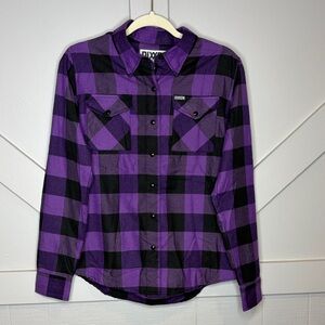 DIXXON Women’s The Heiress Purple Black Plaid Snap Flannel Shirt Checker Medium